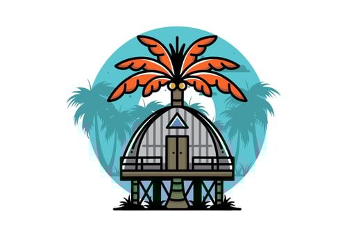 Wooden house with big coconut tree badge design vector