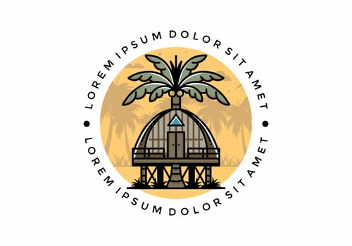 Wooden house with big coconut tree badge design vector