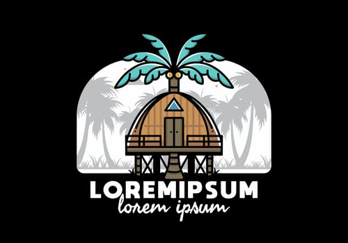 Wooden house with big coconut tree badge design vector