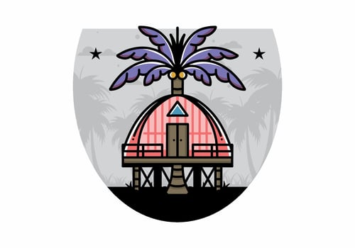 Wooden house with big coconut tree badge design vector