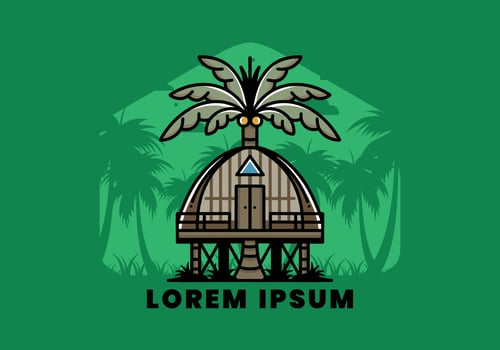 Wooden house with big coconut tree badge design vector