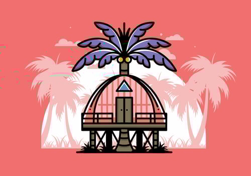 Wooden house with big coconut tree badge design vector