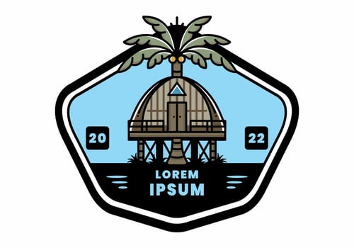 Wooden house with big coconut tree badge design vector