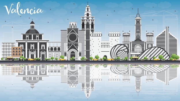 Valencia Skyline with Gray Buildings, Blue Sky and Reflections. vector