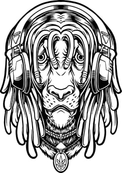 Lion listening music with smoking weed silhouette vector