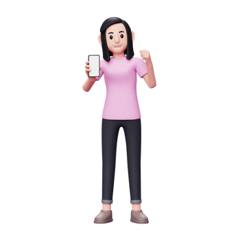 3d character illustration Woman showing phone screen with winning gesture getting good news png