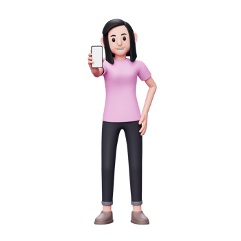 woman showing phone screen and left hand on waist, 3d render character illustration png