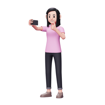 Sweet Girl Posing Take A Selfie By Mobile Phone, shoot video for social media content with a thumbs up, 3d character illustration png