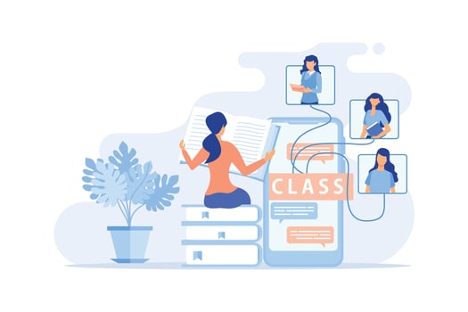 E-learning Online education, home schooling, online classes, training and courses. Web tutorials concept. Education vlog. Distance web learning with education platform, workshop, webinar illustration vector