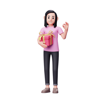 Girl hugs valentine's gift and shows ok sign finger, 3d Character illustration valentine's day celebration png