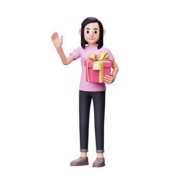 Girl waving say hi and holding a pink gift, Valentine's day concept 3d character illustration png