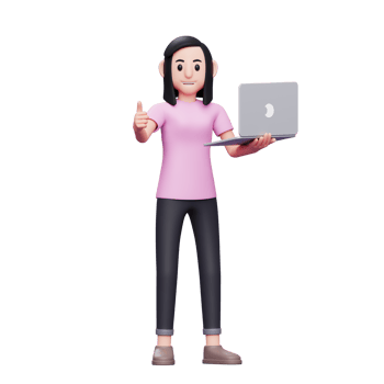 Girl standing holding laptop and giving thumbs up 3d render character illustration png