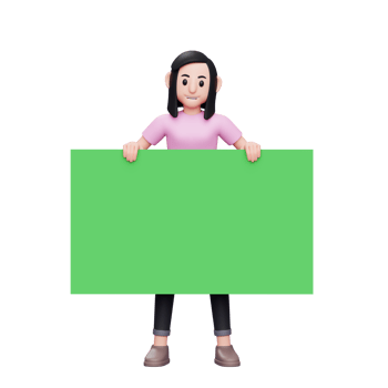 Girl standing and holding a big green banner, 3d Character illustration Casual woman png