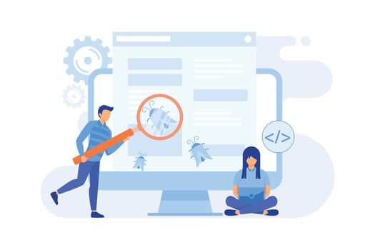 Software testing IT software application testing, quality assurance, QA team, bug fixing, automation and manual, website and mobile flat design modern illustration vector