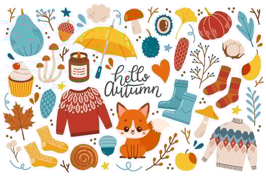 Autumn icons set vector illustration leaves, pumpkins, sweater, cute animals, socks, floral wreath