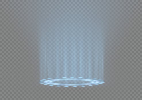 Circular portals, teleport, hologram gadget. Futuristic teleport. Projector HUD or podium for magic circle teleportation. Set of circle holograms.Empty podium light effect vector