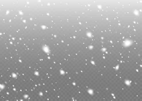 White snowflakes are flying in the air. snow background.Many white cold flakes elements.  Snow and wind. Vector heavy snowfall, snowflakes in various shapes and forms.