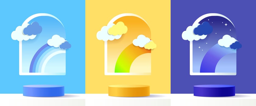 Set of blue, yellow, navy blue, 3d cylinder pedestal podium with ach shape background. Abstract minimal scene for products showcase, promotion display. Round stage. Vector geometric forms.