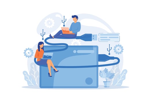 Tiny business people at laptops using portable external hard drive. External hard drive, data storage device vector illustration
