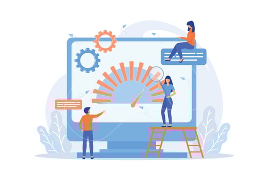 Tiny business people look at product performance indicator. Benchmark testing, benchmarking software  vector illustration