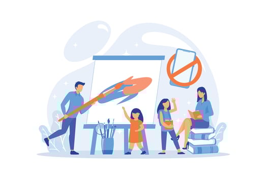 Tiny people parents paint and read books with children and no smartphone sign. Low tech parenting, tech-free kids vector illustration