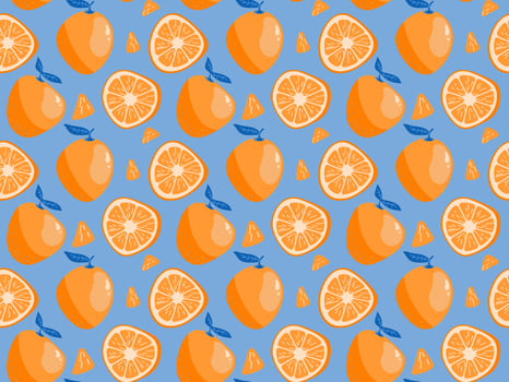 Orange fruit whole and half sliced seamless pattern. Tropical ruit with leaves orange and blue repeated background. Illustration for fabric or wallpaper print. vector