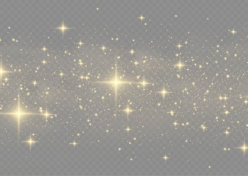 The dust sparks and golden stars shine with special light. Vector sparkles. Christmas light effect.