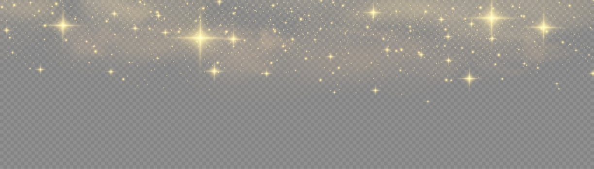 The dust sparks and golden stars shine with special light. Vector sparkles. Christmas light effect.