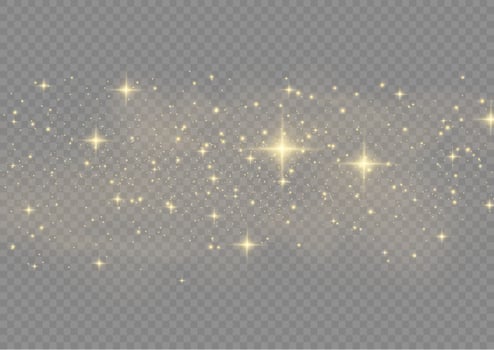 The dust sparks and golden stars shine with special light. Vector sparkles. Christmas light effect.