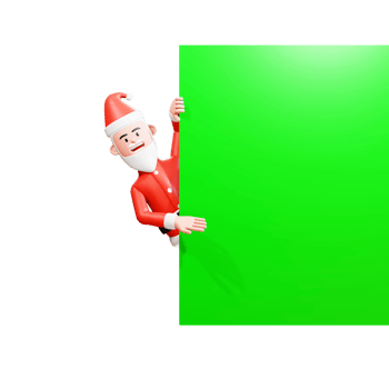 christmas concept illustration. 3d santa claus peeping, showing something on a green screen banner png