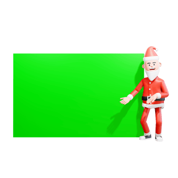 3d Character Santa Claus shows something on the green screen beside him while bowing, show an information png