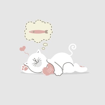 cute and lovely hand drawn cat hugging heart and think about fish, happy valentine's day, love concept, flat vector illustration cartoon character costume design