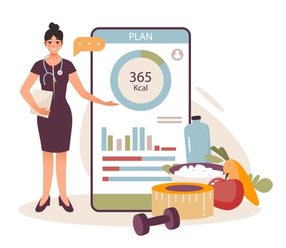 Nutritionist. A mobile application with health monitoring. Weight loss program and diet plan. Diet therapy with healthy food and physical activity. Flat vector illustration