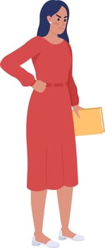 Unsatisfied woman holding book semi flat color vector character. Editable figure. Full body person on white. Teacher simple cartoon style illustration for web graphic design and animation