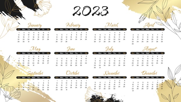 Trendy abstract background with brush paint shapes and flower element in gold, black colors. 2023 Calendar year vector illustration poster. Annual calendar luxury template.