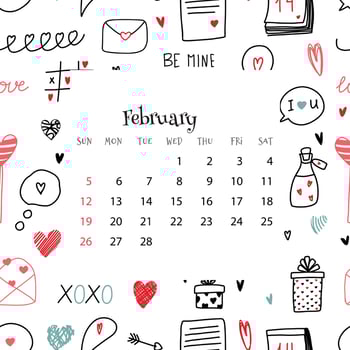 2023 Calendar for February. Vector illustration of month calendar on blue background with doodles. Seamless cute colorful pattern for valentine s day with month grid in cartoon flat style.