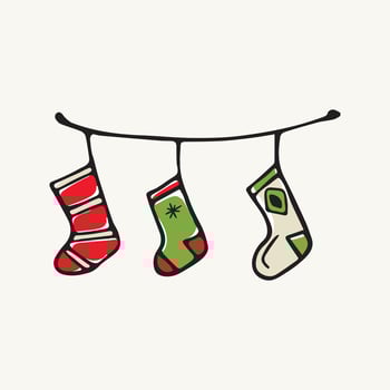 Vector cartoon flat illustration. Doodle image of Christmas socks for gifts on the fireplace. New year decoration element.