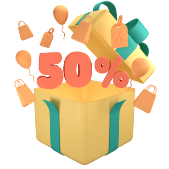 Open gift box with orange 50 percent off discount promotion sale. 3D 5 number with shopping bag, price tag, fly balloon png