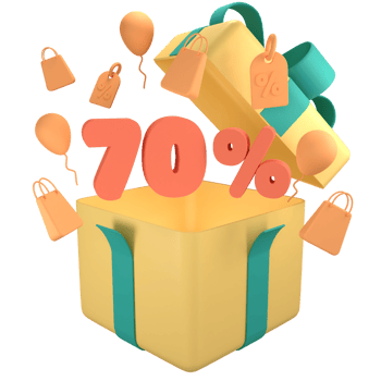 Open gift box with orange 70 percent off discount promotion sale. 3D 5 number with shopping bag, price tag, fly balloon png