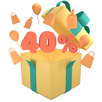 Open gift box with orange 40 percent off discount promotion sale. 3D 5 number with shopping bag, price tag, fly balloon png