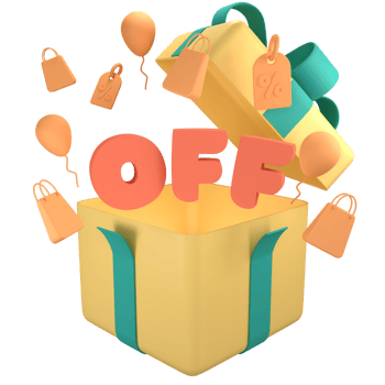Open gift box with orange off text. 3D rendering with shopping bag, price tag, fly balloon png