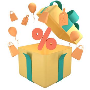 Open gift box with orange percent symbol. 3D rendering with shopping bag, price tag, fly balloon png