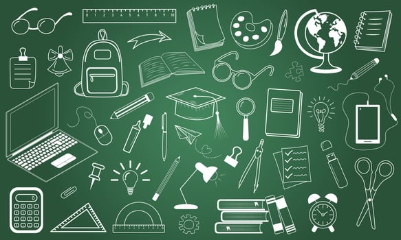 Blackboard with school icons. Education sketchy with school supplies. Linear doodle style. vector