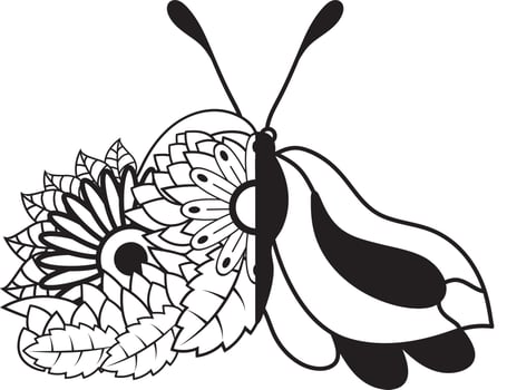Floral butterfly flowers, butterfly coloring page for kids vector