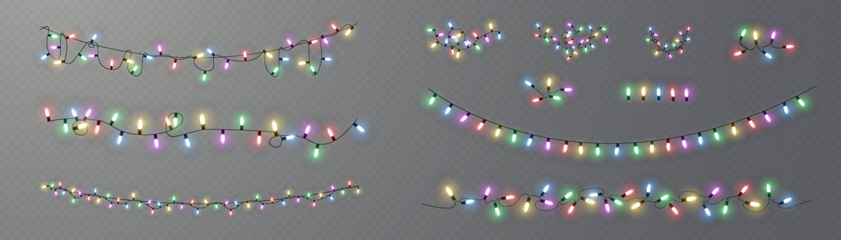 Christmas lights. Vector line with glowing light bulbs.Set of golden xmas glowing garland Led neon lamp illustration. Christmas lights isolated on cards, banners, posters