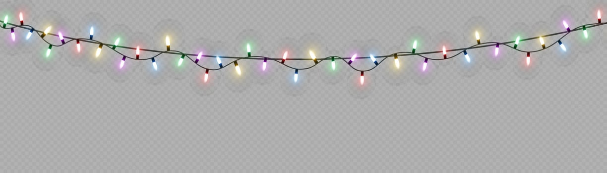 Christmas lights. Vector line with glowing light bulbs.Set of golden xmas glowing garland Led neon lamp illustration. Christmas lights isolated for cards, banners, posters