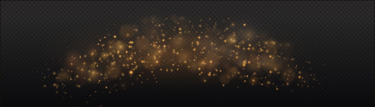 The dust sparks and golden stars shine with special light. Vector sparkles. Christmas light effect.