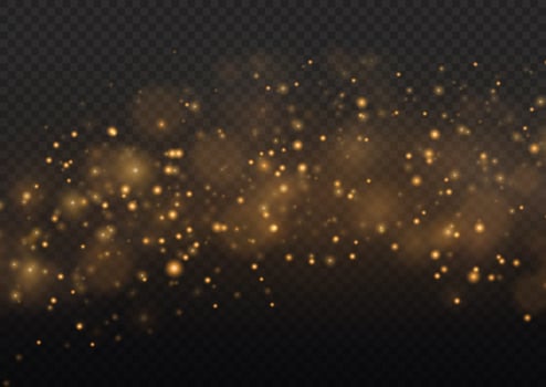 The dust sparks and golden stars shine with special light. Vector sparkle. Christmas light effect.
