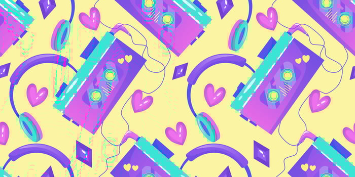 90s seamless pattern in retro style. Cartoon 1990 style vector illustration. Trendy vector design. Neon color. Seamless pattern headphones, cassette player and strasses