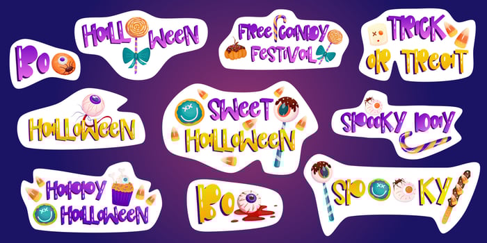 Trendy halloween sticker, with sweet spooky dessert. Vector set. Cartoon illustration for halloween